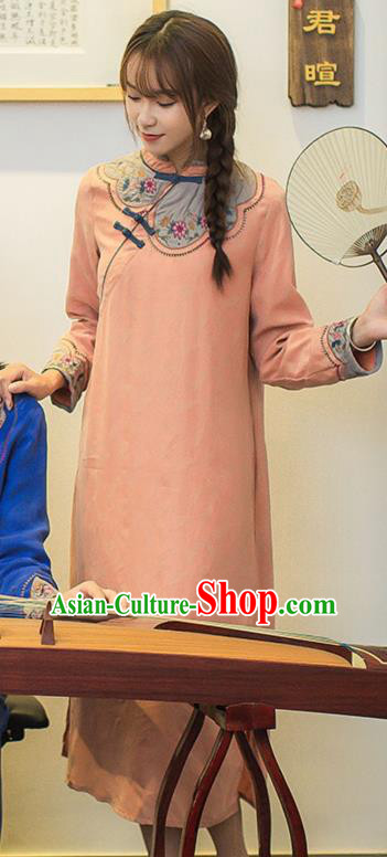 China Classical Embroidered Cheongsam Traditional Young Lady Orange Qipao Dress China Classical Embroidered Cheongsam Traditional Young Lady Orange Qipao Dress