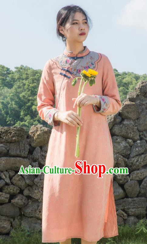 China Classical Embroidered Cheongsam Traditional Young Lady Orange Qipao Dress China Classical Embroidered Cheongsam Traditional Young Lady Orange Qipao Dress
