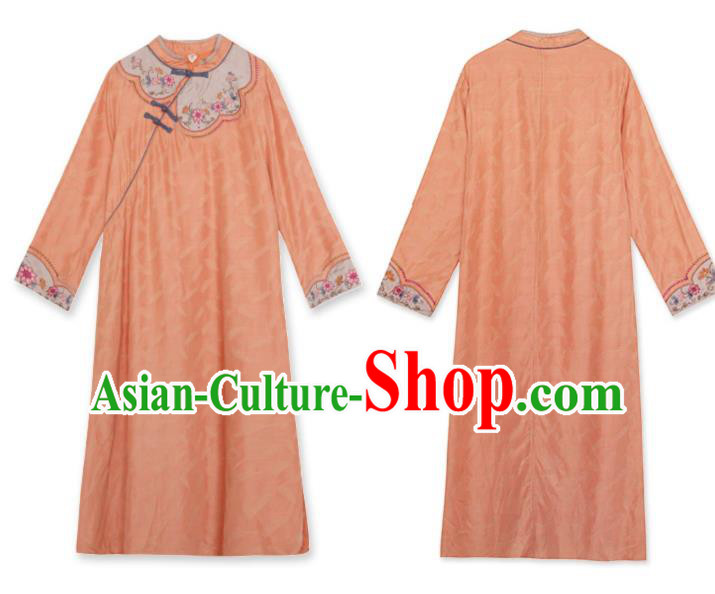 China Classical Embroidered Cheongsam Traditional Young Lady Orange Qipao Dress China Classical Embroidered Cheongsam Traditional Young Lady Orange Qipao Dress