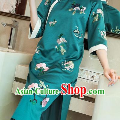 China Traditional Tang Suit Qipao Dress Classical Embroidered Green Silk Cheongsam