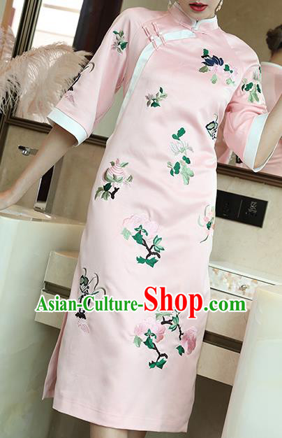 China Classical Embroidered Pink Silk Cheongsam Traditional Tang Suit Qipao Dress China Classical Embroidered Pink Silk Cheongsam Traditional Tang Suit Qipao Dress