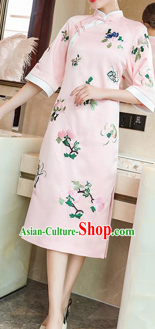 China Classical Embroidered Pink Silk Cheongsam Traditional Tang Suit Qipao Dress China Classical Embroidered Pink Silk Cheongsam Traditional Tang Suit Qipao Dress