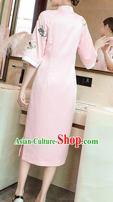 China Classical Embroidered Pink Silk Cheongsam Traditional Tang Suit Qipao Dress China Classical Embroidered Pink Silk Cheongsam Traditional Tang Suit Qipao Dress