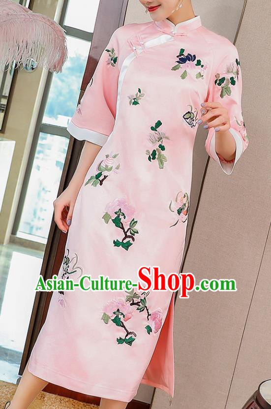 China Classical Embroidered Pink Silk Cheongsam Traditional Tang Suit Qipao Dress China Classical Embroidered Pink Silk Cheongsam Traditional Tang Suit Qipao Dress