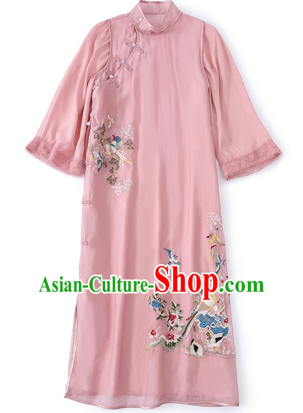 China Traditional Tang Suit Round Collar Qipao Dress Classical Embroidered Pink Tencel Cheongsam China Traditional Tang Suit Round Collar Qipao Dress Classical Embroidered Pink Tencel Cheongsam