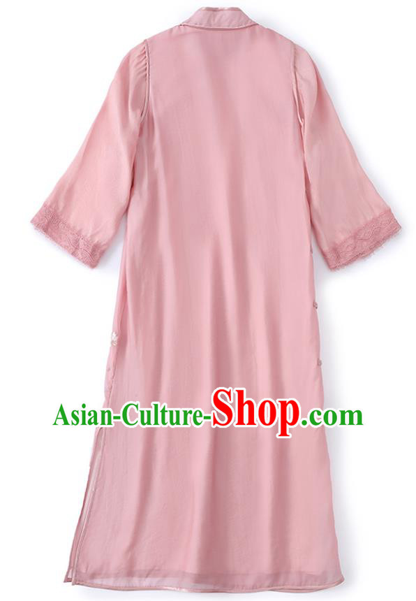 China Traditional Tang Suit Round Collar Qipao Dress Classical Embroidered Pink Tencel Cheongsam China Traditional Tang Suit Round Collar Qipao Dress Classical Embroidered Pink Tencel Cheongsam