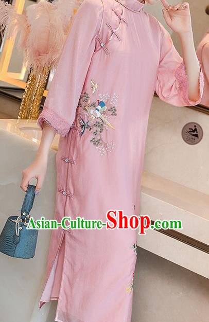 China Traditional Tang Suit Round Collar Qipao Dress Classical Embroidered Pink Tencel Cheongsam China Traditional Tang Suit Round Collar Qipao Dress Classical Embroidered Pink Tencel Cheongsam
