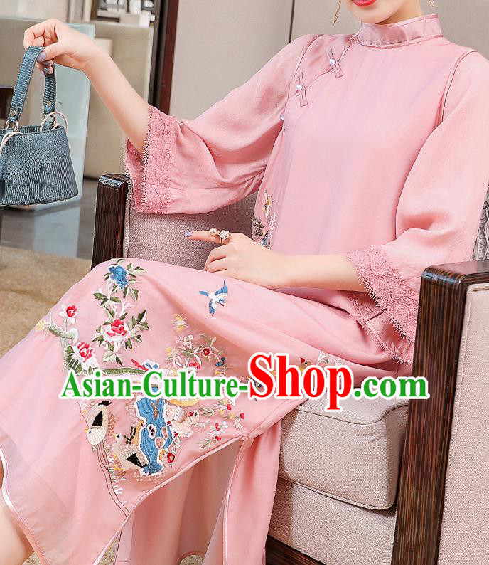 China Traditional Tang Suit Round Collar Qipao Dress Classical Embroidered Pink Tencel Cheongsam China Traditional Tang Suit Round Collar Qipao Dress Classical Embroidered Pink Tencel Cheongsam