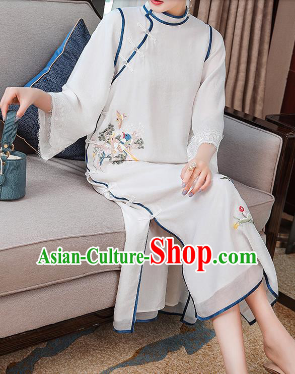 China Classical Embroidered White Tencel Cheongsam Traditional Tang Suit Round Collar Qipao Dress China Classical Embroidered White Tencel Cheongsam Traditional Tang Suit Round Collar Qipao Dress