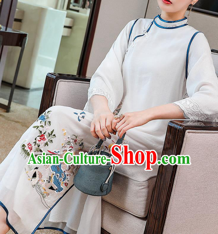 China Classical Embroidered White Tencel Cheongsam Traditional Tang Suit Round Collar Qipao Dress China Classical Embroidered White Tencel Cheongsam Traditional Tang Suit Round Collar Qipao Dress