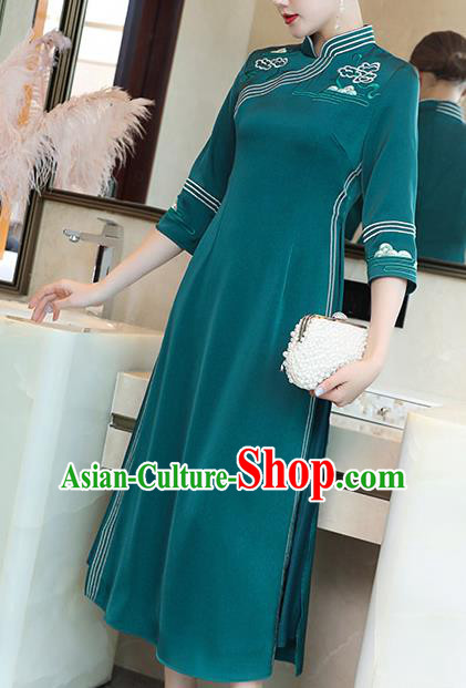 China Classical Embroidered Blue Satin Cheongsam Traditional Tang Suit Ao Dai Qipao Dress China Classical Embroidered Blue Satin Cheongsam Traditional Tang Suit Ao Dai Qipao Dress