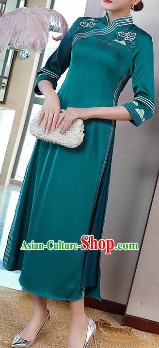 China Classical Embroidered Blue Satin Cheongsam Traditional Tang Suit Ao Dai Qipao Dress China Classical Embroidered Blue Satin Cheongsam Traditional Tang Suit Ao Dai Qipao Dress