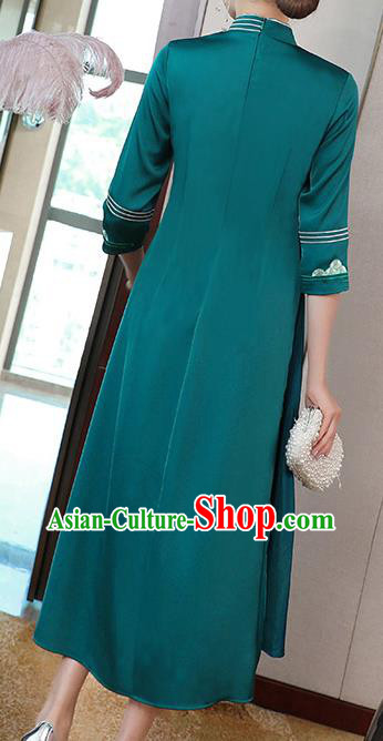 China Classical Embroidered Blue Satin Cheongsam Traditional Tang Suit Ao Dai Qipao Dress China Classical Embroidered Blue Satin Cheongsam Traditional Tang Suit Ao Dai Qipao Dress