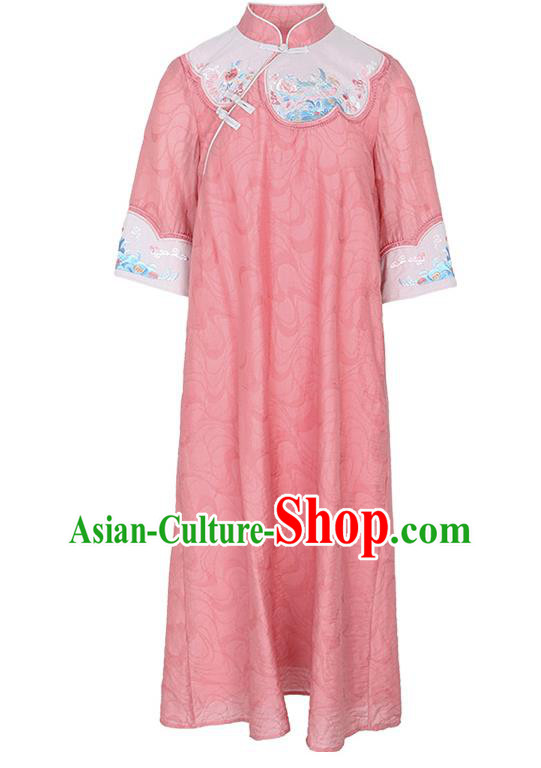 China Classical Embroidered Cheongsam Traditional Tang Suit Pink Tencel Qipao Dress China Classical Embroidered Cheongsam Traditional Tang Suit Pink Tencel Qipao Dress