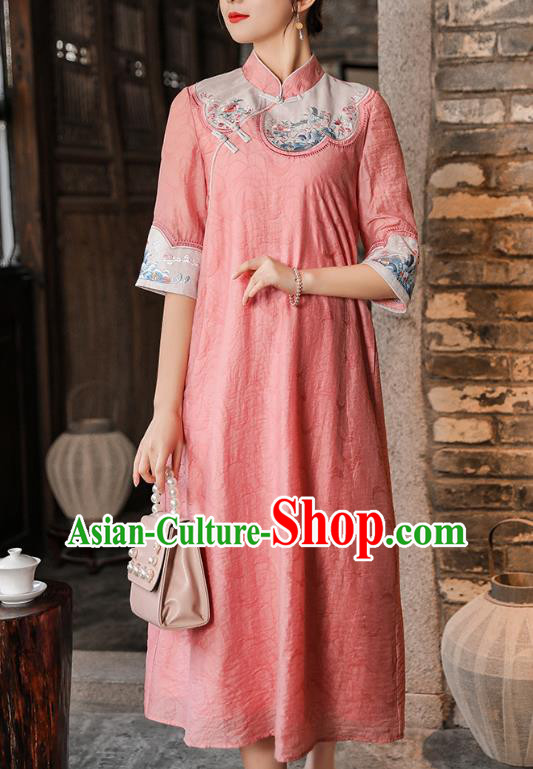 China Classical Embroidered Cheongsam Traditional Tang Suit Pink Tencel Qipao Dress China Classical Embroidered Cheongsam Traditional Tang Suit Pink Tencel Qipao Dress
