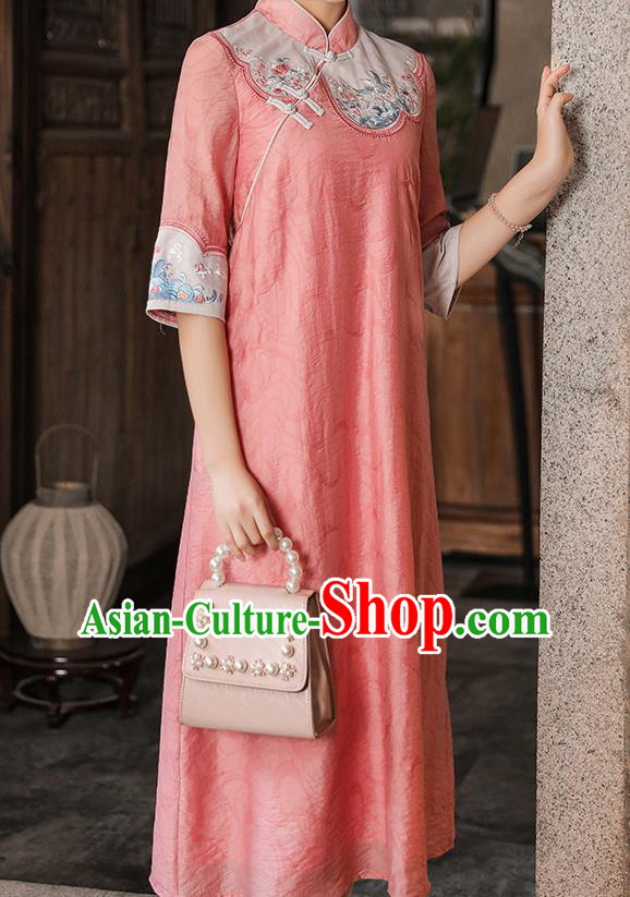 China Classical Embroidered Cheongsam Traditional Tang Suit Pink Tencel Qipao Dress China Classical Embroidered Cheongsam Traditional Tang Suit Pink Tencel Qipao Dress