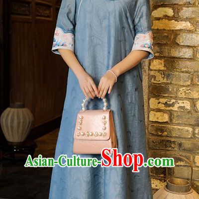 China Traditional Tang Suit Blue Tencel Qipao Dress Classical Embroidered Cheongsam