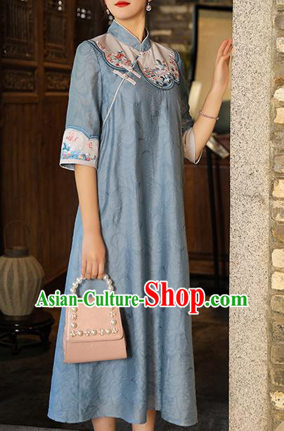 China Traditional Tang Suit Blue Tencel Qipao Dress Classical Embroidered Cheongsam China Traditional Tang Suit Blue Tencel Qipao Dress Classical Embroidered Cheongsam