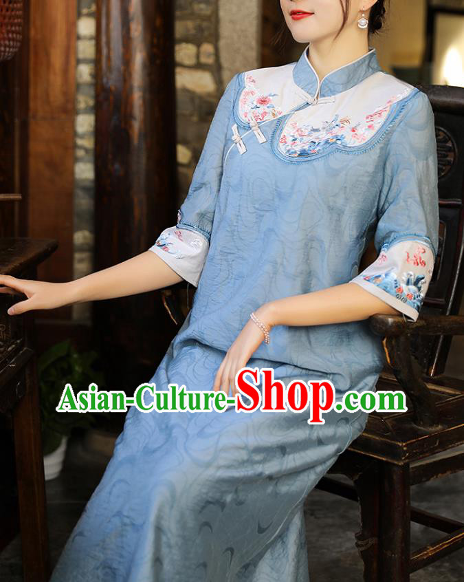 China Traditional Tang Suit Blue Tencel Qipao Dress Classical Embroidered Cheongsam China Traditional Tang Suit Blue Tencel Qipao Dress Classical Embroidered Cheongsam
