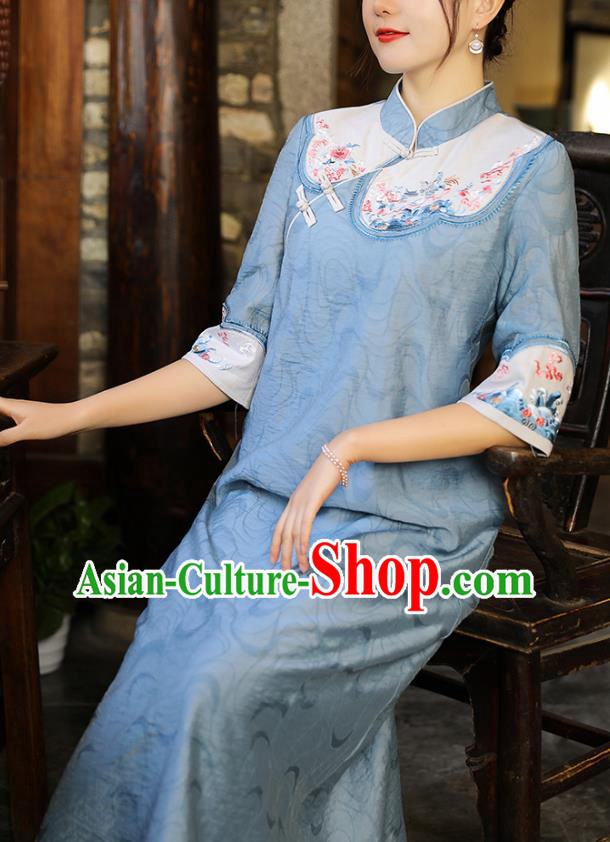 China Traditional Tang Suit Blue Tencel Qipao Dress Classical Embroidered Cheongsam China Traditional Tang Suit Blue Tencel Qipao Dress Classical Embroidered Cheongsam