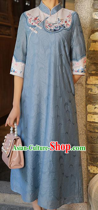 China Traditional Tang Suit Blue Tencel Qipao Dress Classical Embroidered Cheongsam China Traditional Tang Suit Blue Tencel Qipao Dress Classical Embroidered Cheongsam