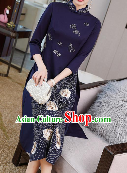 China Traditional Tang Suit Navy Satin Qipao Dress Modern Dance Ao Dai Cheongsam China Traditional Tang Suit Navy Satin Qipao Dress Modern Dance Ao Dai Cheongsam