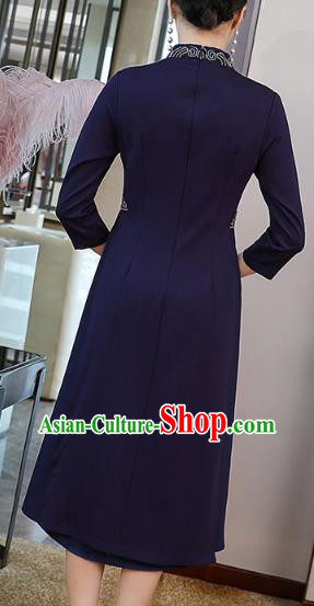 China Traditional Tang Suit Navy Satin Qipao Dress Modern Dance Ao Dai Cheongsam China Traditional Tang Suit Navy Satin Qipao Dress Modern Dance Ao Dai Cheongsam
