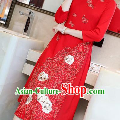 China Modern Dance Ao Dai Cheongsam Traditional Tang Suit Red Satin Qipao Dress