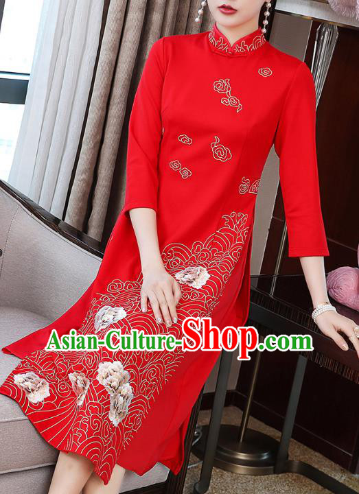 China Modern Dance Ao Dai Cheongsam Traditional Tang Suit Red Satin Qipao Dress China Modern Dance Ao Dai Cheongsam Traditional Tang Suit Red Satin Qipao Dress