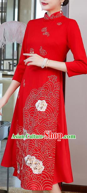 China Modern Dance Ao Dai Cheongsam Traditional Tang Suit Red Satin Qipao Dress China Modern Dance Ao Dai Cheongsam Traditional Tang Suit Red Satin Qipao Dress