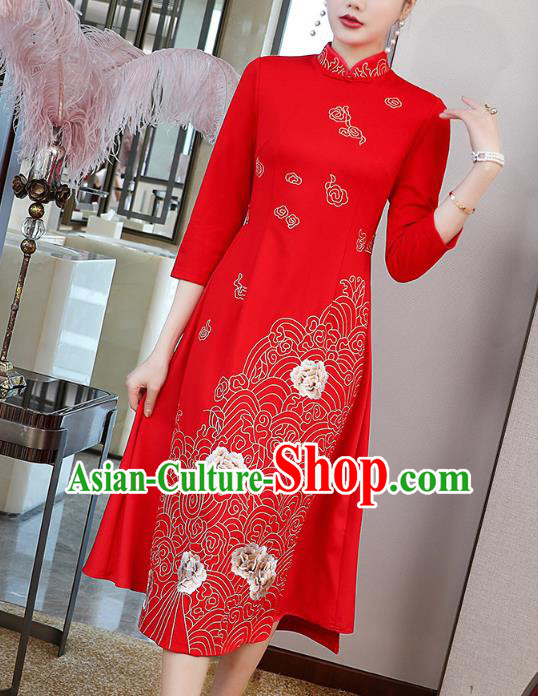 China Modern Dance Ao Dai Cheongsam Traditional Tang Suit Red Satin Qipao Dress China Modern Dance Ao Dai Cheongsam Traditional Tang Suit Red Satin Qipao Dress