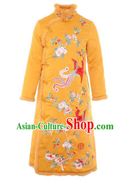 China Tang Suit Embroidered Phoenix Peony Cheongsam Traditional Classical Yellow Silk Qipao Dress China Tang Suit Embroidered Phoenix Peony Cheongsam Traditional Classical Yellow Silk Qipao Dress