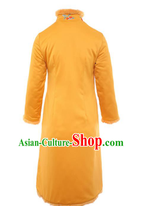China Tang Suit Embroidered Phoenix Peony Cheongsam Traditional Classical Yellow Silk Qipao Dress China Tang Suit Embroidered Phoenix Peony Cheongsam Traditional Classical Yellow Silk Qipao Dress
