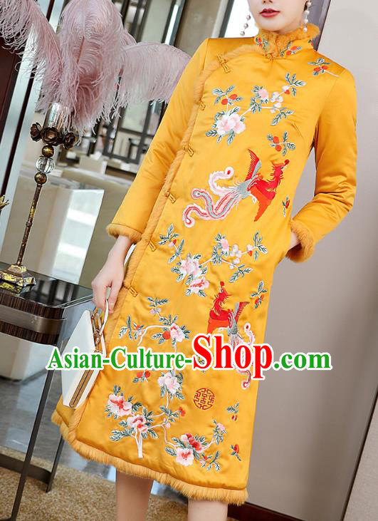 China Tang Suit Embroidered Phoenix Peony Cheongsam Traditional Classical Yellow Silk Qipao Dress China Tang Suit Embroidered Phoenix Peony Cheongsam Traditional Classical Yellow Silk Qipao Dress