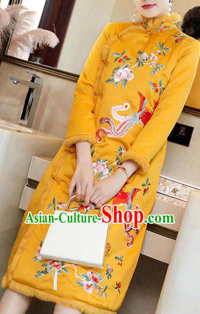 China Tang Suit Embroidered Phoenix Peony Cheongsam Traditional Classical Yellow Silk Qipao Dress China Tang Suit Embroidered Phoenix Peony Cheongsam Traditional Classical Yellow Silk Qipao Dress