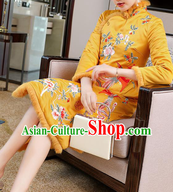 China Tang Suit Embroidered Phoenix Peony Cheongsam Traditional Classical Yellow Silk Qipao Dress China Tang Suit Embroidered Phoenix Peony Cheongsam Traditional Classical Yellow Silk Qipao Dress