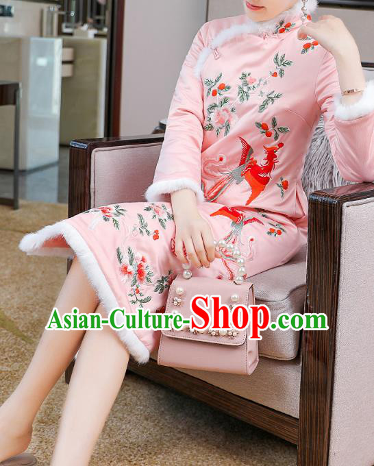 China Traditional Classical Pink Silk Qipao Dress Tang Suit Embroidered Phoenix Peony Cheongsam China Traditional Classical Pink Silk Qipao Dress Tang Suit Embroidered Phoenix Peony Cheongsam
