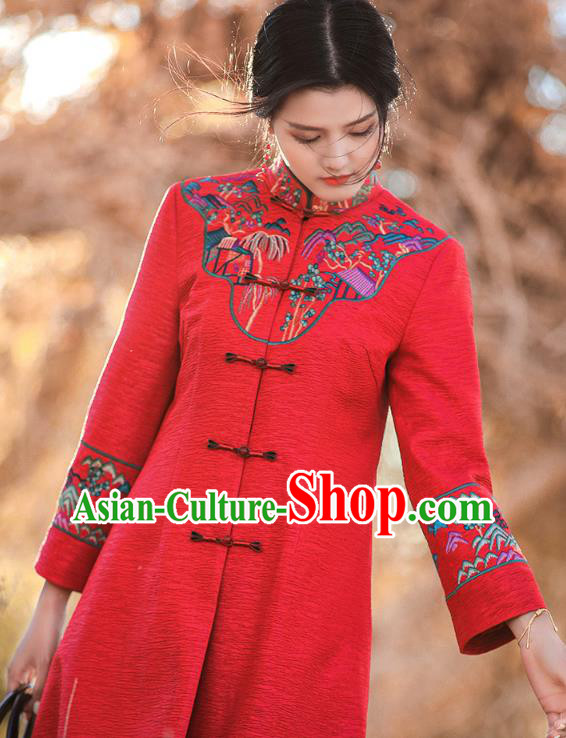 Chinese Traditional Embroidered Outer Garment National Tang Suit Red Dust Coat Chinese Traditional Embroidered Outer Garment National Tang Suit Red Dust Coat