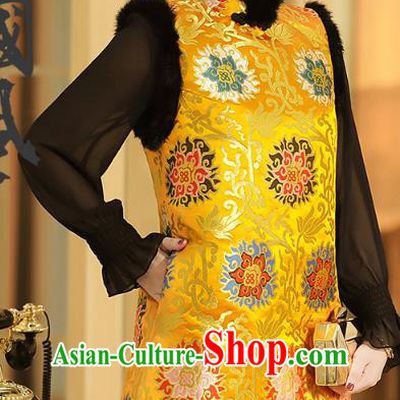Chinese Traditional Tang Suit Yellow Brocade Vest National Winter Cotton Wadded Waistcoat