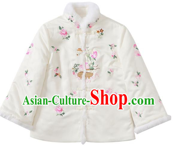 Chinese Winter Tang Suit Overcoat Traditional Embroidered White Cotton Wadded Jacket Chinese Winter Tang Suit Overcoat Traditional Embroidered White Cotton Wadded Jacket