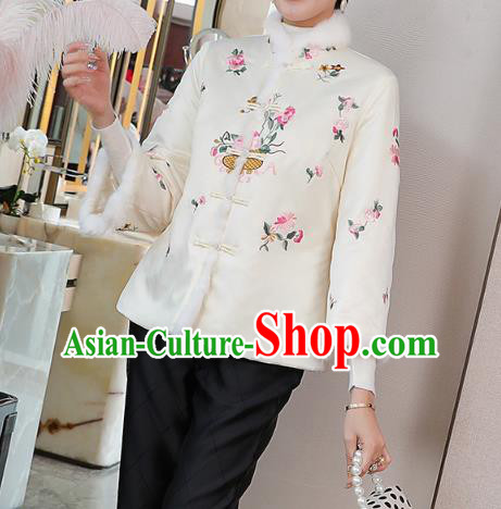 Chinese Winter Tang Suit Overcoat Traditional Embroidered White Cotton Wadded Jacket Chinese Winter Tang Suit Overcoat Traditional Embroidered White Cotton Wadded Jacket