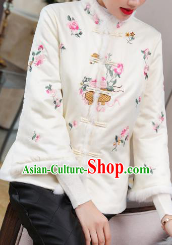 Chinese Winter Tang Suit Overcoat Traditional Embroidered White Cotton Wadded Jacket Chinese Winter Tang Suit Overcoat Traditional Embroidered White Cotton Wadded Jacket
