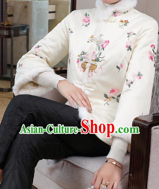 Chinese Winter Tang Suit Overcoat Traditional Embroidered White Cotton Wadded Jacket Chinese Winter Tang Suit Overcoat Traditional Embroidered White Cotton Wadded Jacket