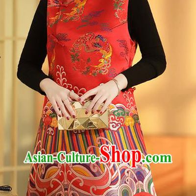 Chinese Traditional Tang Suit Vest Classical Phoenix Peony Pattern Red Brocade Waistcoat