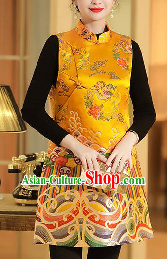 Chinese Classical Phoenix Peony Pattern Yellow Brocade Waistcoat Traditional Tang Suit Vest Chinese Classical Phoenix Peony Pattern Yellow Brocade Waistcoat Traditional Tang Suit Vest