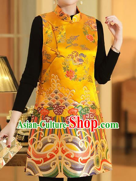 Chinese Classical Phoenix Peony Pattern Yellow Brocade Waistcoat Traditional Tang Suit Vest Chinese Classical Phoenix Peony Pattern Yellow Brocade Waistcoat Traditional Tang Suit Vest