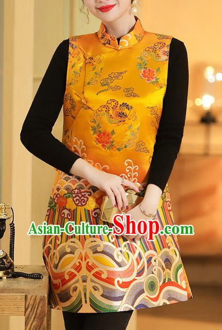Chinese Classical Phoenix Peony Pattern Yellow Brocade Waistcoat Traditional Tang Suit Vest Chinese Classical Phoenix Peony Pattern Yellow Brocade Waistcoat Traditional Tang Suit Vest
