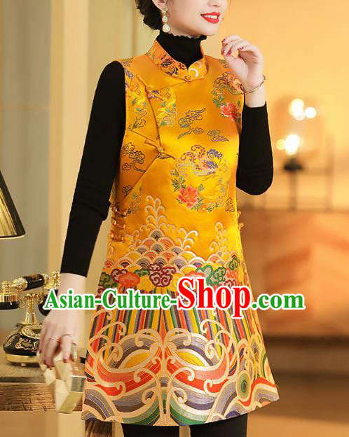 Chinese Classical Phoenix Peony Pattern Yellow Brocade Waistcoat Traditional Tang Suit Vest Chinese Classical Phoenix Peony Pattern Yellow Brocade Waistcoat Traditional Tang Suit Vest