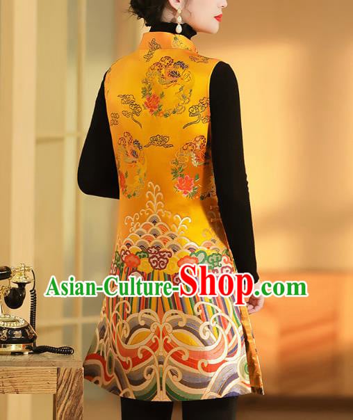 Chinese Classical Phoenix Peony Pattern Yellow Brocade Waistcoat Traditional Tang Suit Vest Chinese Classical Phoenix Peony Pattern Yellow Brocade Waistcoat Traditional Tang Suit Vest