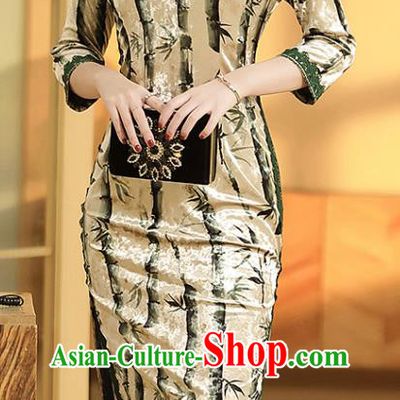 China Classical Qipao Dress Traditional Tang Suit Printing Bamboo Cheongsam Costume